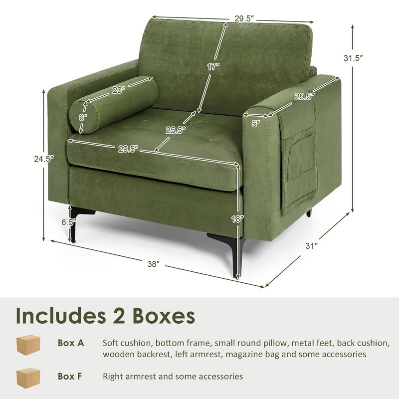 Costway Fabric Accent Armchair Single Sofa w/ Bolster & Side Storage Pocket Army Green, 4 of 10