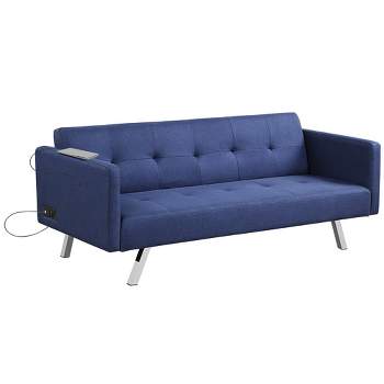 Costway Convertible Futon Sofa Bed Folding Recliner w/USB Ports&Power Strip Grey\Blue