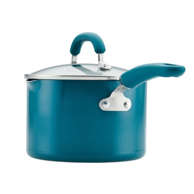 Teal 2-Quart Aluminum Nonstick Straining Saucepan with Glass Lid
