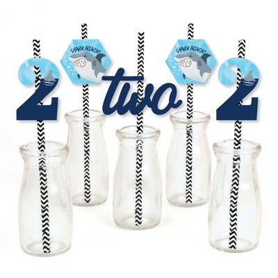 Big Dot of Happiness 2nd Birthday Shark Zone - Paper Straw Decor - Jawsome Shark Second Birthday Party Striped Decorative Straws - Set of 24