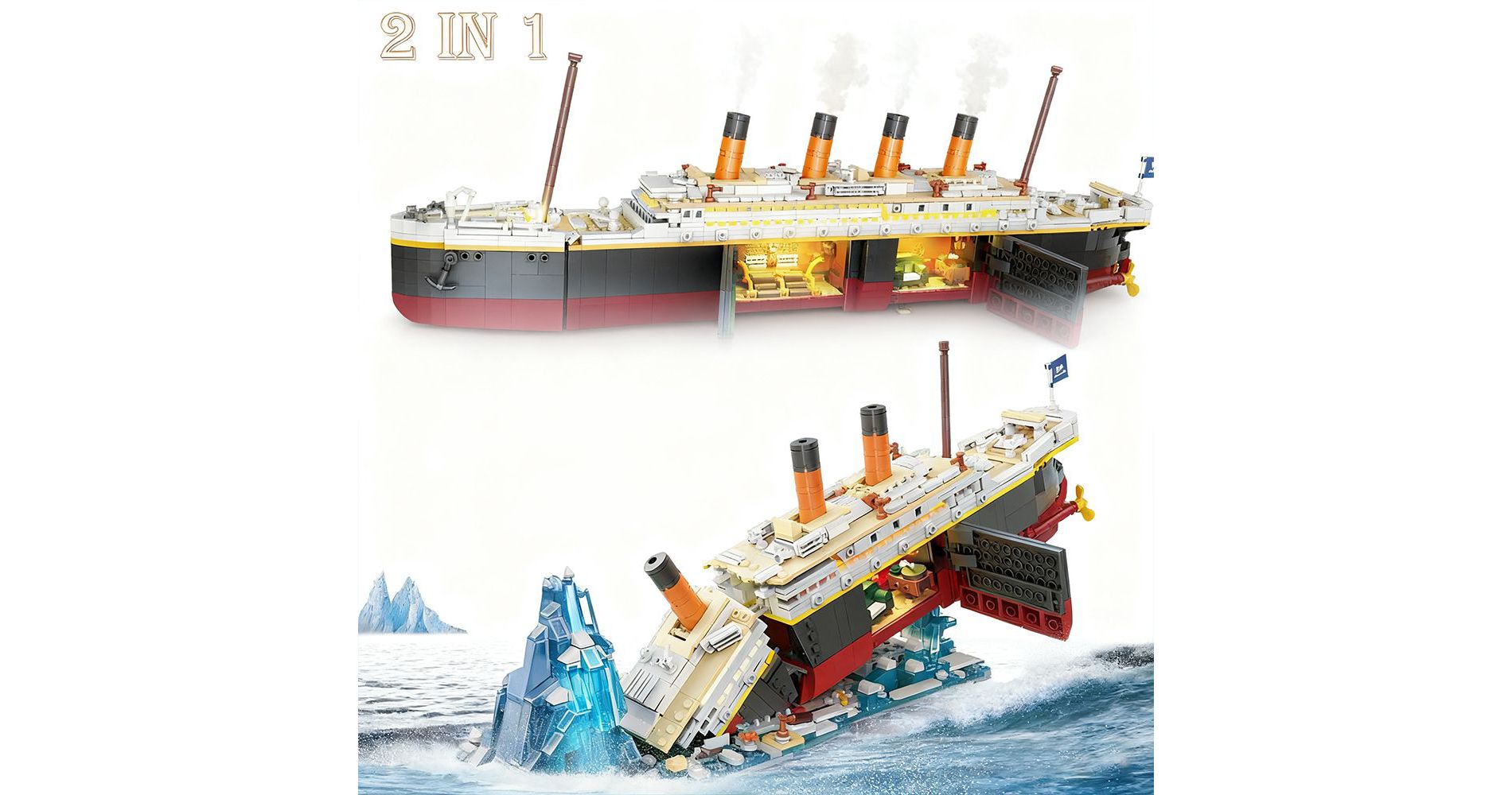 2 in 1 Mini Ship Building Block 1883 PCS with Glacier Display Stand Toy Gift for Adults Teens Kids Aged 8+