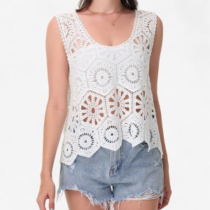 Anna-Kaci Women's Crochet Sleeveless Tank Top with Floral Open Knit Pattern and Scalloped Hem Detail - 1 of 4