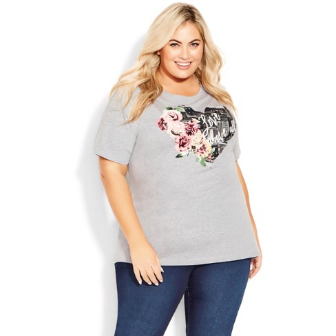 Women's Size Print T-shirt - Grey/pink Love | Avenue :