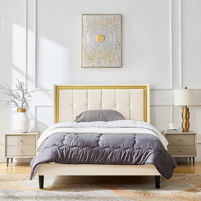 coucheta Queen Size Bed Frame Upholstered Platform with Headboard and Strong Wooden Slats,Non-Slip and Noise-Free,No Box Spring Needed, Easy Assembly