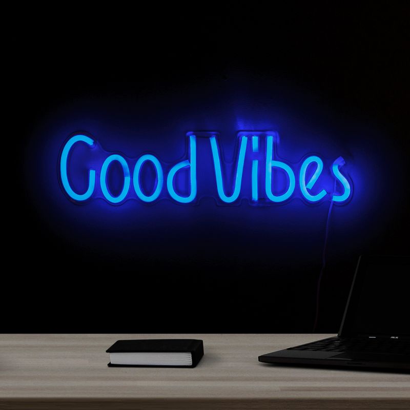 Northlight 19” Bright Blue Neon Style Good Vibes LED Lighted Wall Sign, 1 of 5