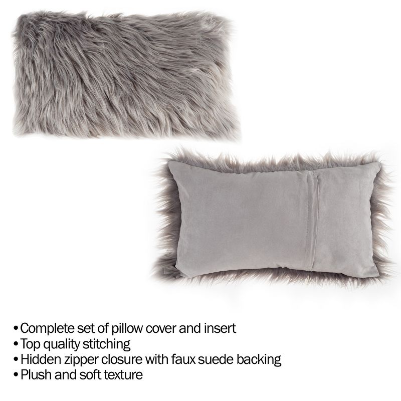 12x20-in. Plush Lumbar Pillow Luxury Accent Pillow Insert and Shag Glam Cover Set for Bedroom or Living Room by Lavish Home (Gray), 3 of 7