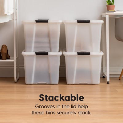 Pearl Off-White Stackable Plastic Storage Bins with Buckled Lids, 32 Quart