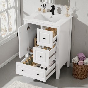 Mshliw 24" Freestanding Bathroom Vanity with Ceramic Sink, 1 Soft-Closing Door & 3 Drawers, Retro Metal Handles, MDF Cabinet - 1 of 4