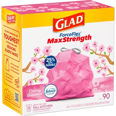Glad ForceFlex MaxStrength Tall Kitchen Drawstring Pink Trash Bags - Cherry Blossom - 13gal/90ct