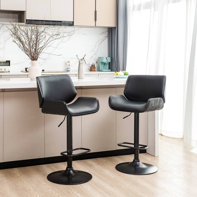 Black Adjustable Height Swivel Bar Stools with Leather and Metal