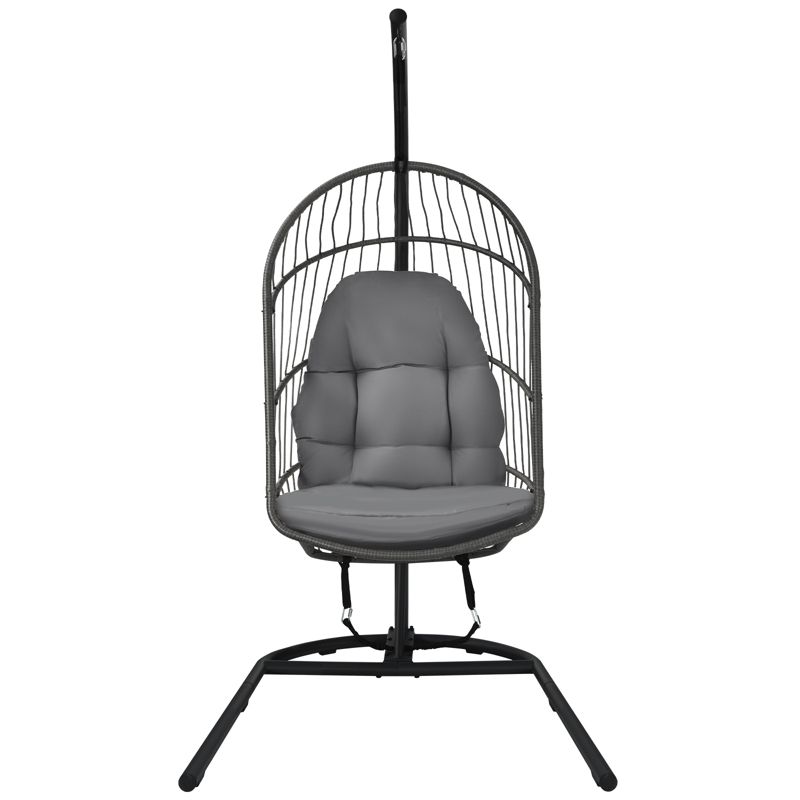 Tangkula Modern Rattan Hanging Egg Swing Chair w/Stand Foldable Cushioned Hammock Gray/Beige, 3 of 9