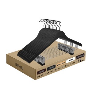 BP4U 12 Pack Premium Wooden Suit Hangers with Adjustable Clips, Solid Wood Skirt & Pant Hangers with 360° Swivel Hook, Space-Saving Design - 1 of 4