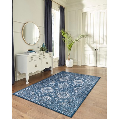 Nautical Navy Floral Round Synthetic Indoor/Outdoor Rug