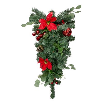 Northlight 30" Red Poinsettia and Pinecone Artificial Christmas Teardrop Swag - Unlit