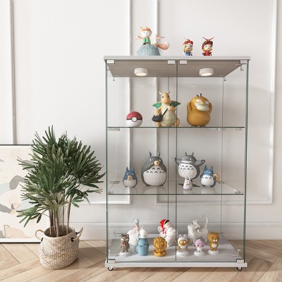 Modern Glass Display Cabinet with Glass Doors & LED Lights, 2-Door Showcase with Tempered Glass Shelves for Living Room-Cuddlewood