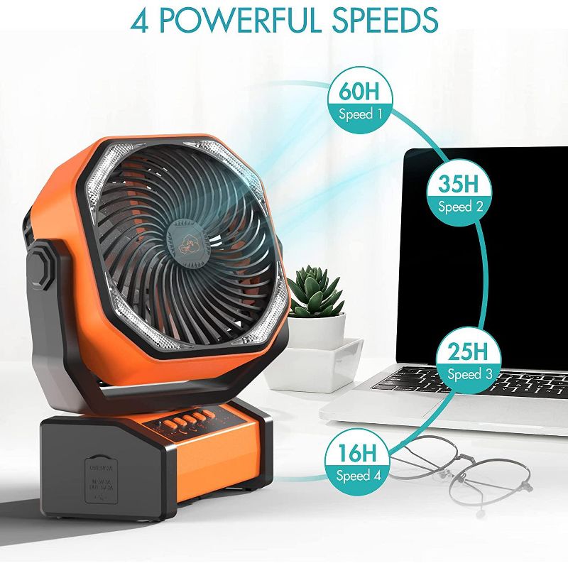 PANERGY 20000mAh Camping Fan with LED Light, Auto-Oscillating Desk Fan with Remote & Hook, Rechargeable Battery Operated Tent Fan - Orange, 3 of 9
