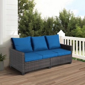 Tree City 3-Seat All-Weather Wicker Patio Sofa with Cushions, Outdoor Couch with High Curved Back, Brown PE Rattan and Steel Frame - 1 of 4