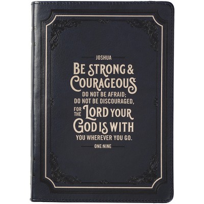 Classic Faux Leather Journal Be Strong Josh. 1:9 Blue Inspirational Notebook, Lined Pages W/Scripture, Ribbon Marker, Zipper Closure