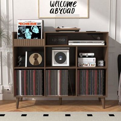 HDZNVF Record Player Stand with Open Vinyl Storage, Record Player Table for Vinyl Holds Up to 550 Albums Walnut