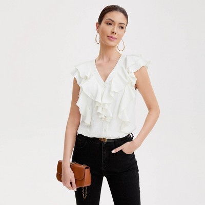 Women's Bohemia V-Neck Ruffle Blouse - A New Day™ White