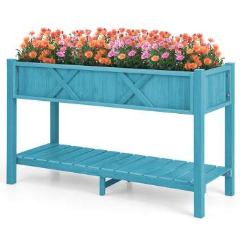 Costway HIPS Raised Garden Bed Poly Wood Elevated Planter Box with Legs, Storage Shelf Blue/Coffee/Black