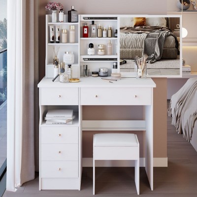 Vanity Desk with Sliding Mirror and Cushioned Stool,Makeup Dressing Table Set with Storage Drawers for Bedroom–The Pop Home