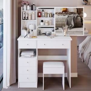 Vanity Desk with Sliding Mirror and Cushioned Stool,Makeup Dressing Table Set with Storage Drawers for Bedroom–The Pop Home - 1 of 4