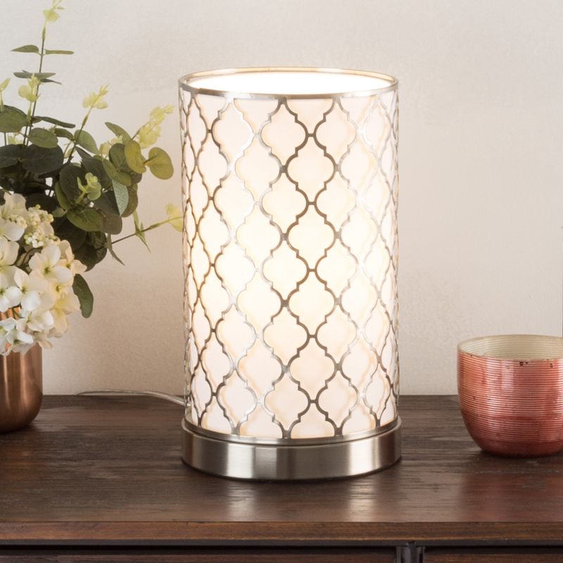 Hastings Home Uplight Table Lamp With Steel Quatrefoil Cutout Pattern, Fabric Overwrap, and LED Light Bulb, 1 of 8