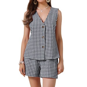 INSPIRE CHIC Women's 2 Pieces Shorts Suit Set Gingham Summer V Neck Sleeveless Waistcoats And Shorts - 1 of 4
