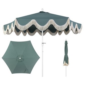 JONATHAN Y Collins 9 ft. Classic Cottage Tassel Market Patio Umbrella with Auto-Tilt, Crank, Wind Vent and UV Protection - 1 of 4