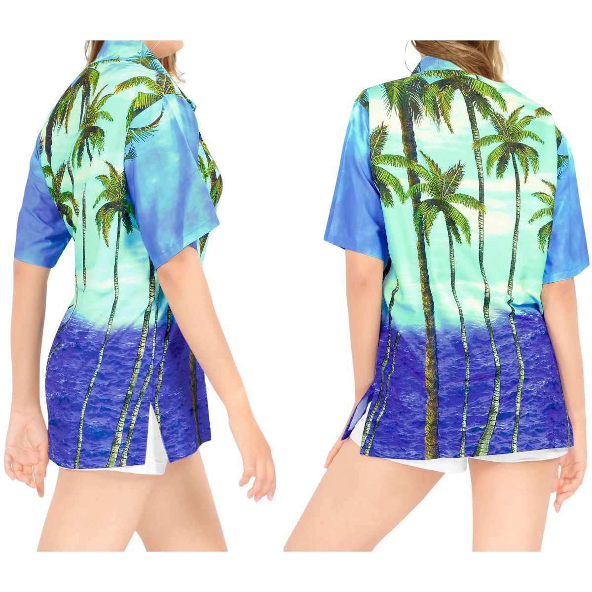 HAPPY BAY Hawaiian Shirts Womens Casual Summer Beach Party TShirts Button Up Short Sleeve Vacation Dress Shirts Colorful Blouses for Women L Blue,Tree - thumbnail 2