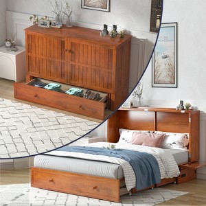 Mjkone Queen Murphy Bed Cabinet with Built-in Charging Station, Drawers, Folding Mattress for Bedroom Guest Room - 1 of 4
