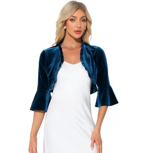 Allegra K Women's Velvet Shrug 3/4 Sleeve Open Front Ruffled Cropped Cardigan - 1 of 4