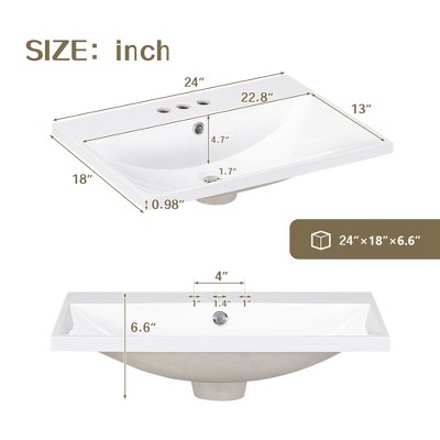 Vynxaria 24"L x 18"W White Resin Countertop Bathroom Sink Vanity Top with 3 Faucet Holes