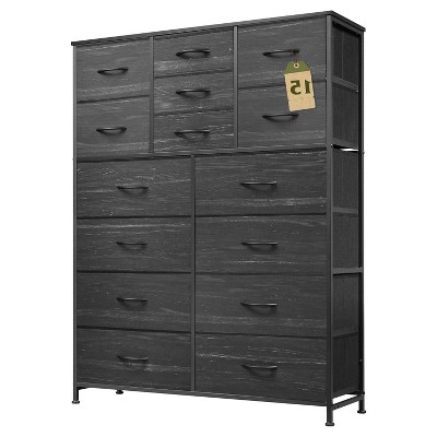 Dresser 15-Drawer Fabric Storage Tower Chest for Bedroom, Closet, Hallway, Entryway with Deep Drawers Organizer Unit, Charcoal Black Wood Grain Print
