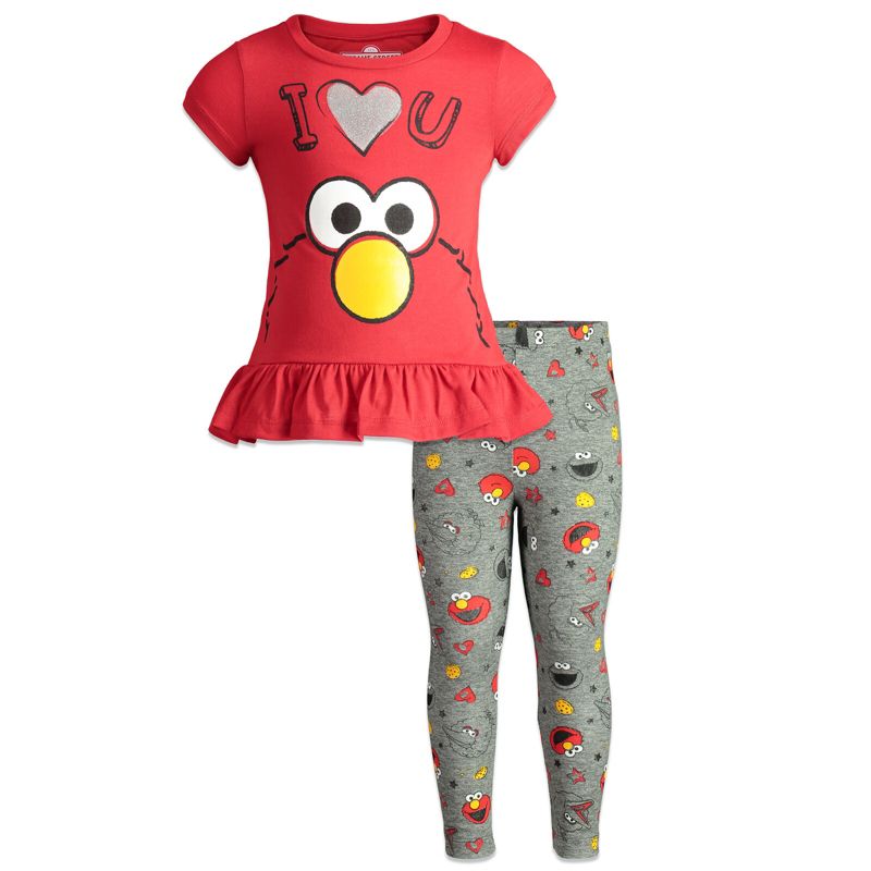 Sesame Street Big Bird Cookie Monster Elmo Girls Pullover T-Shirt and Leggings Outfit Set Little Kid, 1 of 8