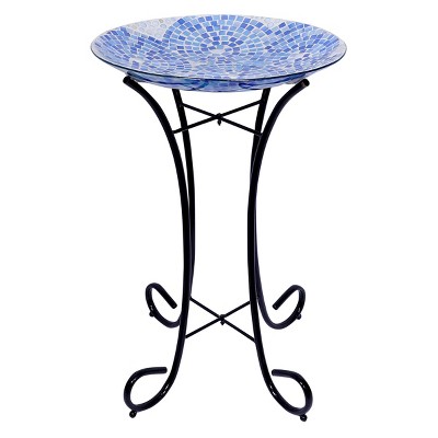 23" Outdoor Mosaic Glass Birdbath Bowl with Metal Stand Blue - Alpine Corporation