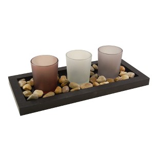 LumaBase Wooden Pebble Tray with 3 Glass Candleholders - 1 of 4