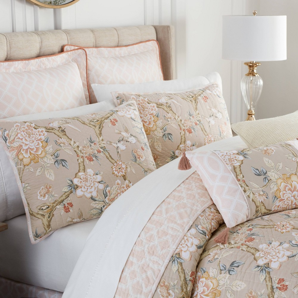 Photos - Bed Linen Waverly 4pc Twin Mudan Quilt Set Taupe - : Cotton Floral Bedding, Includes 