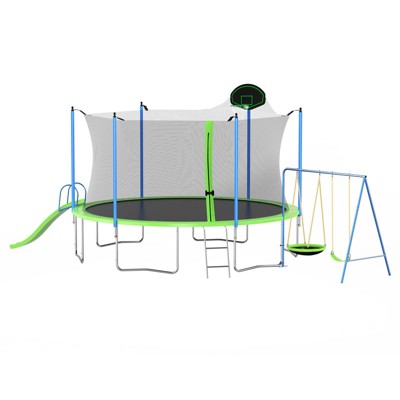 Aukfa 12FT Trampoline with Slide and Basketball Hoop ,with Safety Enclosure Net, for Adults/Kids Outdoor Family Fun