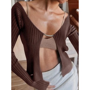 Women's Shrug Sweaters Long Sleeve Ruffle Rib Knit Bolero Open Front Cropped Cardigan - 1 of 4