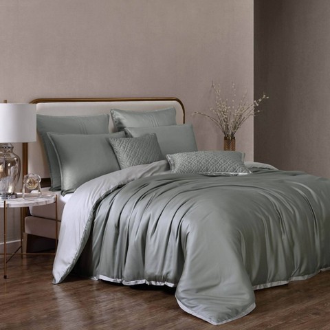 Riverbrook Home 8pc Queen Noble Tencel Comforter Bedding Set Sage Green: Luxury Reversible Midweight Sateen with Decorative Pillows