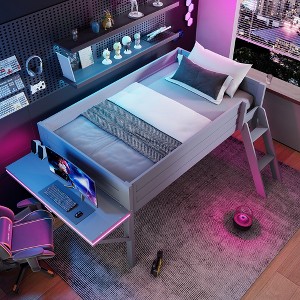 Whisen Modern Design Wood Twin Size Gaming Loft Bed with Desk and LED - 1 of 4