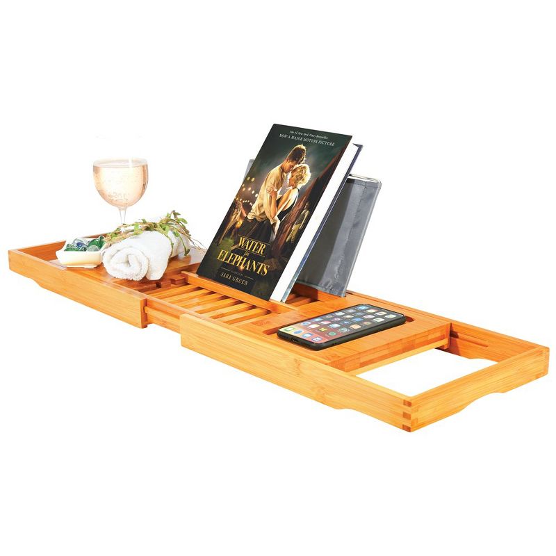 Bambusi Bamboo Bathtub Tray With Extending Sides, Reading Rack, Tablet Holder, Cellphone Tray & Integrated Wine Glass Holder., 5 of 8