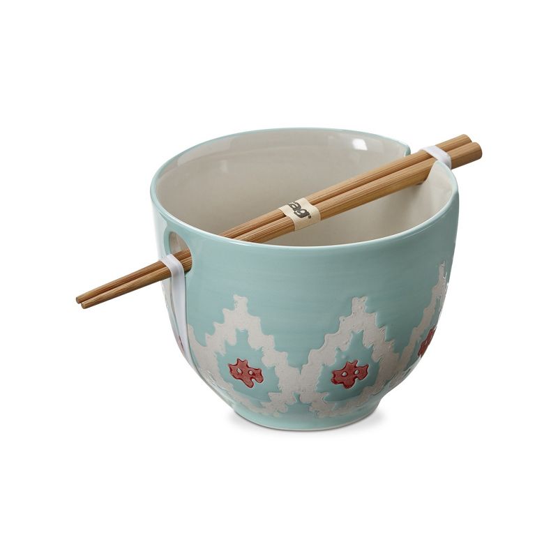 tag 16 oz. Stratton Turquiose Printed Stoneware Noodle Bowl with Bamboo Chop Sticks, 3.9L x 3.9W x 5.0H., 1 of 4