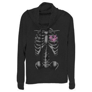 Juniors Womens Lost Gods Halloween Skeleton Rib Cage Heart Cowl Neck Sweatshirt - 1 of 4