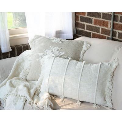 Off-White Handwoven Cotton Lumbar Pillow with Tassels