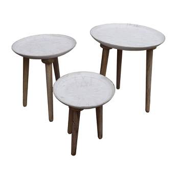 Set of 3 Mango Wood Bowl Top Side End Coffee Tables with Angled Tripod Base White/Brown - The Urban Port