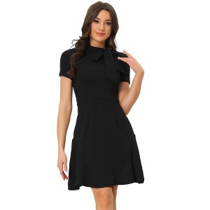 INSPIRE CHIC Women's Bow Tie Neck Short Sleeve Ruffled Hem A-Line Dress - 1 of 4