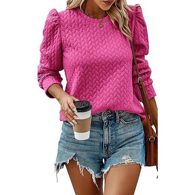 Women's Round Neck Puff Sleeve Sweater - Cable Knit Casual Pullover for Fall & Winter